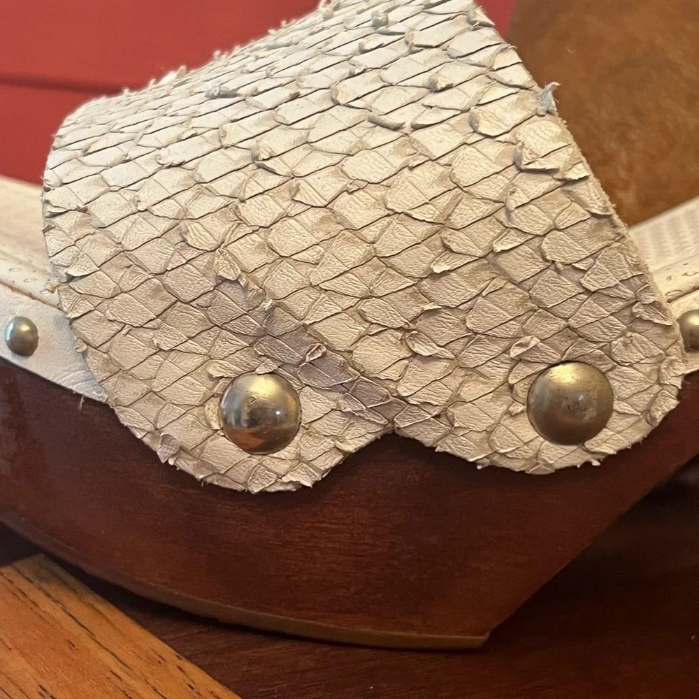 Felmini Python Leather Platform Clogs with Wooden Heel and ankle straps